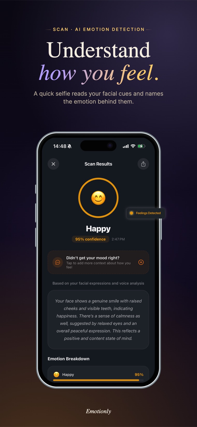 Emotionly scan result showing a Happy reading at 95% confidence